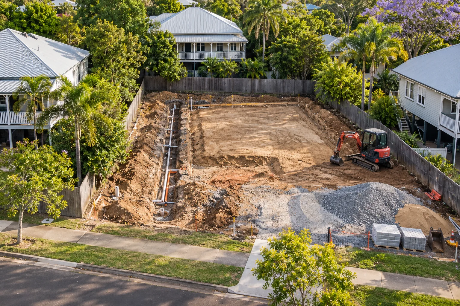 AI-generated aerial illustration of separate earthworks zones on a Brisbane construction site